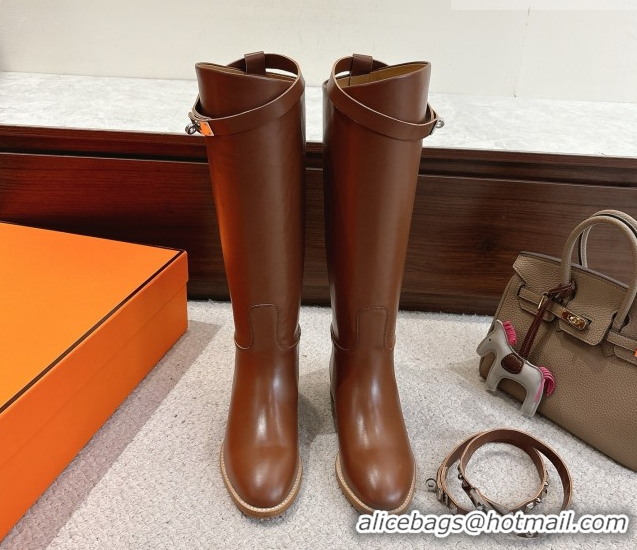 Unique Style Hermes Jumping High Flat Boots in Calfskin Leather with Kelly Buckle Strap H102302 Chocolate 2026