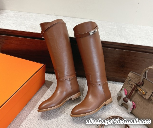 Unique Style Hermes Jumping High Flat Boots in Calfskin Leather with Kelly Buckle Strap H102302 Chocolate 2026