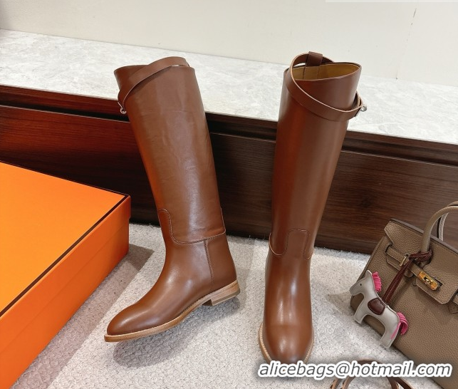 Unique Style Hermes Jumping High Flat Boots in Calfskin Leather with Kelly Buckle Strap H102302 Chocolate 2026