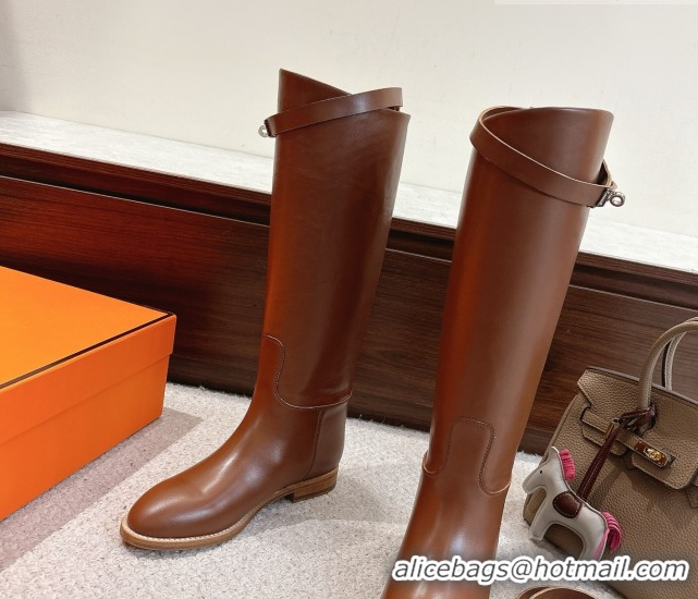 Unique Style Hermes Jumping High Flat Boots in Calfskin Leather with Kelly Buckle Strap H102302 Chocolate 2026