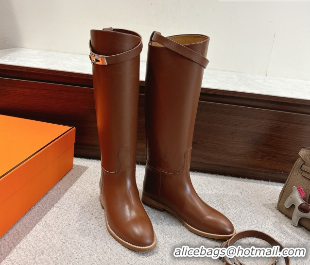Unique Style Hermes Jumping High Flat Boots in Calfskin Leather with Kelly Buckle Strap H102302 Chocolate 2026