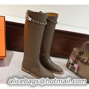 Pretty Style Hermes Jumping High Flat Boots in Calfskin Leather with Kelly Buckle Strap H102302 Dark Grey 2026