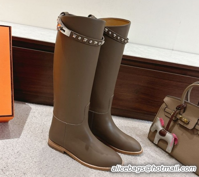 Pretty Style Hermes Jumping High Flat Boots in Calfskin Leather with Kelly Buckle Strap H102302 Dark Grey 2026