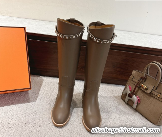 Pretty Style Hermes Jumping High Flat Boots in Calfskin Leather with Kelly Buckle Strap H102302 Dark Grey 2026