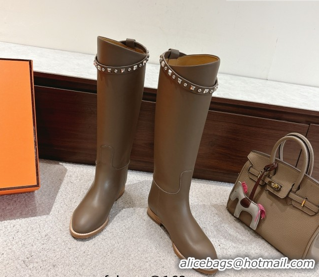 Pretty Style Hermes Jumping High Flat Boots in Calfskin Leather with Kelly Buckle Strap H102302 Dark Grey 2026