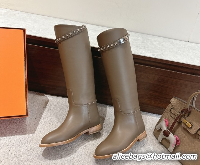 Pretty Style Hermes Jumping High Flat Boots in Calfskin Leather with Kelly Buckle Strap H102302 Dark Grey 2026