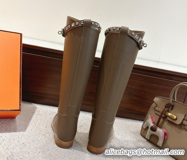 Pretty Style Hermes Jumping High Flat Boots in Calfskin Leather with Kelly Buckle Strap H102302 Dark Grey 2026