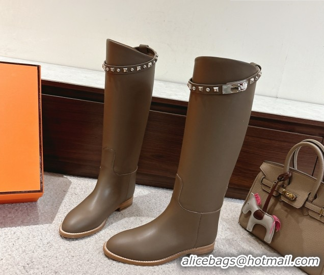 Pretty Style Hermes Jumping High Flat Boots in Calfskin Leather with Kelly Buckle Strap H102302 Dark Grey 2026