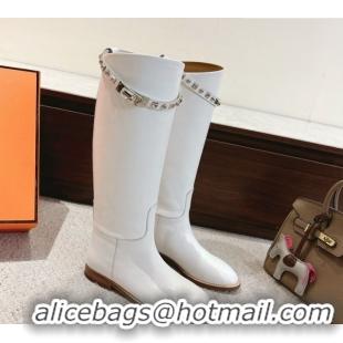 Best Product Hermes Jumping High Flat Boots in Calfskin Leather with Kelly Buckle Strap H102302 White 2026