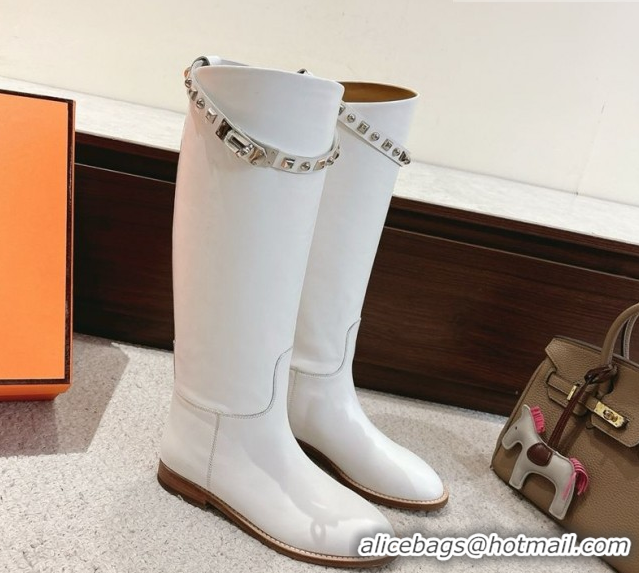 Best Product Hermes Jumping High Flat Boots in Calfskin Leather with Kelly Buckle Strap H102302 White 2026
