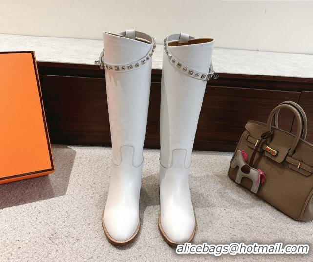 Best Product Hermes Jumping High Flat Boots in Calfskin Leather with Kelly Buckle Strap H102302 White 2026
