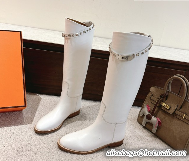 Best Product Hermes Jumping High Flat Boots in Calfskin Leather with Kelly Buckle Strap H102302 White 2026