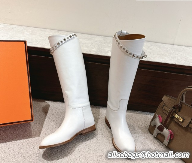 Best Product Hermes Jumping High Flat Boots in Calfskin Leather with Kelly Buckle Strap H102302 White 2026