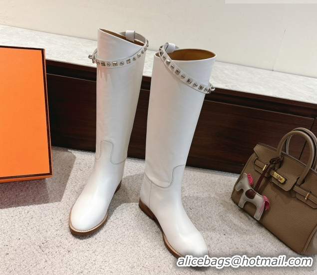 Best Product Hermes Jumping High Flat Boots in Calfskin Leather with Kelly Buckle Strap H102302 White 2026