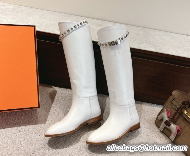 Best Product Hermes Jumping High Flat Boots in Calfskin Leather with Kelly Buckle Strap H102302 White 2026