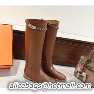 Luxury Hermes Jumping High Flat Boots in Calfskin Leather with Studded Kelly Buckle Strap Chocolate 1220017 2026