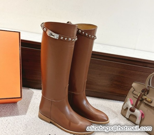 Luxury Hermes Jumping High Flat Boots in Calfskin Leather with Studded Kelly Buckle Strap Chocolate 1220017 2026