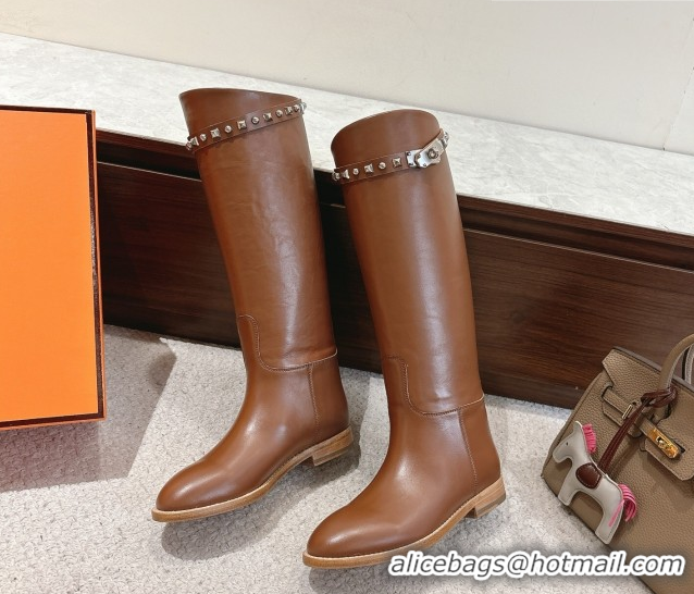 Luxury Hermes Jumping High Flat Boots in Calfskin Leather with Studded Kelly Buckle Strap Chocolate 1220017 2026