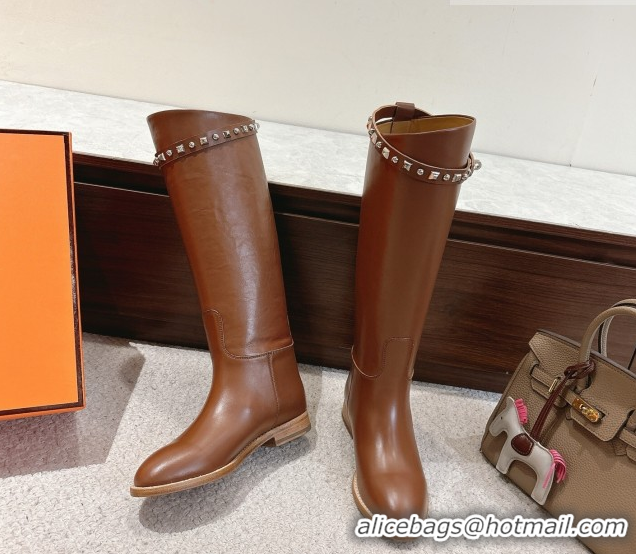 Luxury Hermes Jumping High Flat Boots in Calfskin Leather with Studded Kelly Buckle Strap Chocolate 1220017 2026