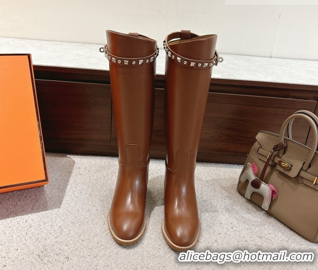 Luxury Hermes Jumping High Flat Boots in Calfskin Leather with Studded Kelly Buckle Strap Chocolate 1220017 2026