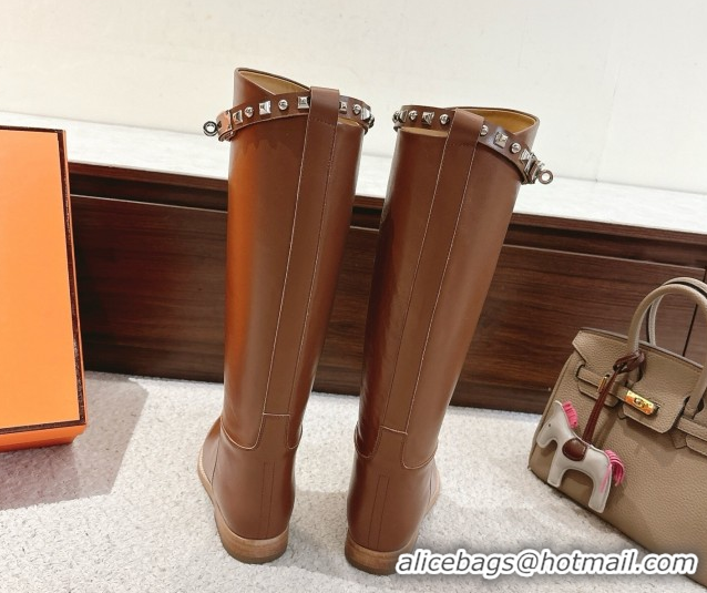 Luxury Hermes Jumping High Flat Boots in Calfskin Leather with Studded Kelly Buckle Strap Chocolate 1220017 2026