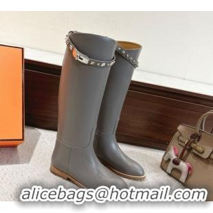 Good Quality Hermes Jumping High Flat Boots in Calfskin Leather with Studded Kelly Buckle Strap Grey 1220018 2026