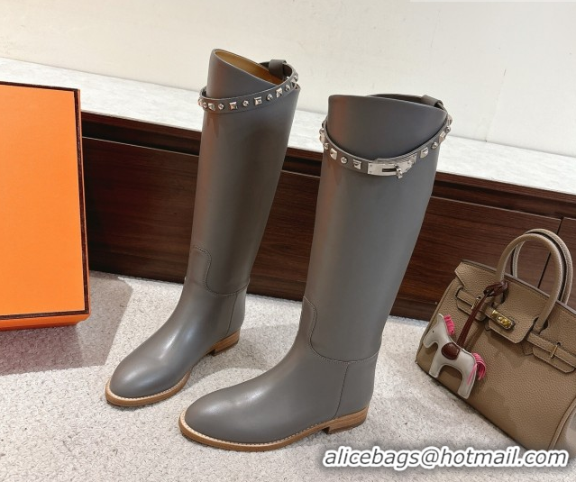 Good Quality Hermes Jumping High Flat Boots in Calfskin Leather with Studded Kelly Buckle Strap Grey 1220018 2026