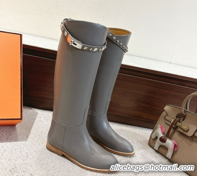 Good Quality Hermes Jumping High Flat Boots in Calfskin Leather with Studded Kelly Buckle Strap Grey 1220018 2026
