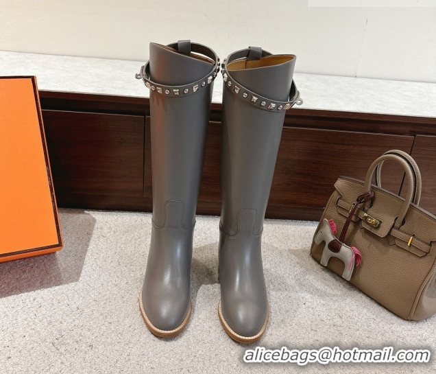 Good Quality Hermes Jumping High Flat Boots in Calfskin Leather with Studded Kelly Buckle Strap Grey 1220018 2026