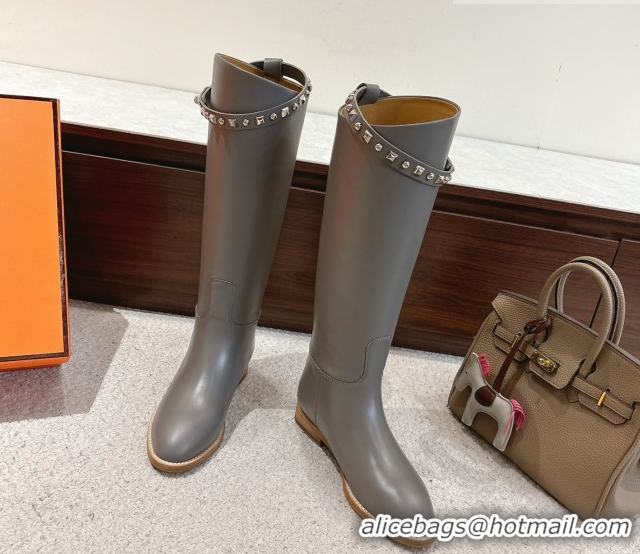 Good Quality Hermes Jumping High Flat Boots in Calfskin Leather with Studded Kelly Buckle Strap Grey 1220018 2026