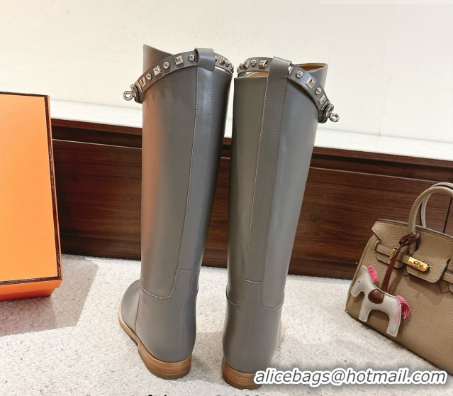 Good Quality Hermes Jumping High Flat Boots in Calfskin Leather with Studded Kelly Buckle Strap Grey 1220018 2026