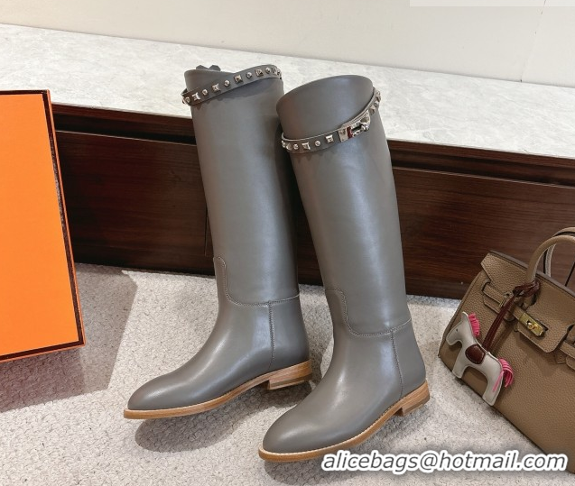 Good Quality Hermes Jumping High Flat Boots in Calfskin Leather with Studded Kelly Buckle Strap Grey 1220018 2026