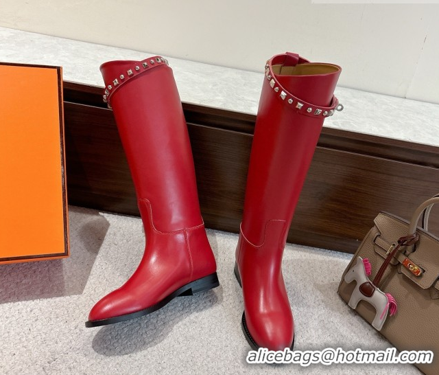 Best Grade Hermes Jumping High Flat Boots in Calfskin Leather with Studded Kelly Buckle Strap Red 1220019 2026