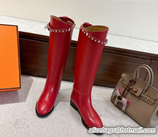 Best Grade Hermes Jumping High Flat Boots in Calfskin Leather with Studded Kelly Buckle Strap Red 1220019 2026