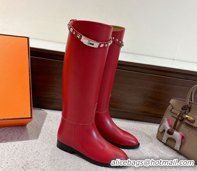 Best Grade Hermes Jumping High Flat Boots in Calfskin Leather with Studded Kelly Buckle Strap Red 1220019 2026