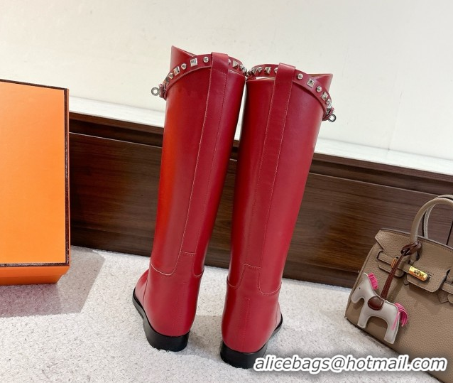 Best Grade Hermes Jumping High Flat Boots in Calfskin Leather with Studded Kelly Buckle Strap Red 1220019 2026