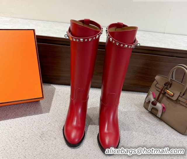 Best Grade Hermes Jumping High Flat Boots in Calfskin Leather with Studded Kelly Buckle Strap Red 1220019 2026