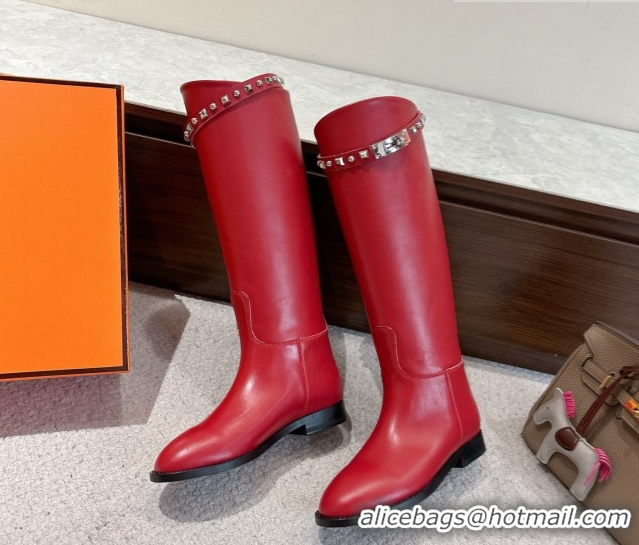 Best Grade Hermes Jumping High Flat Boots in Calfskin Leather with Studded Kelly Buckle Strap Red 1220019 2026