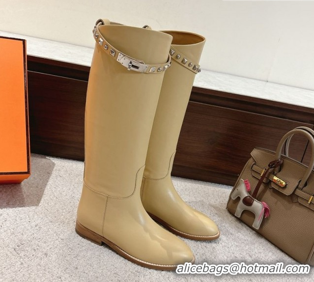 Top Grade Hermes Jumping High Flat Boots in Calfskin Leather with Studded Kelly Buckle Strap Yellow 1220020 2026