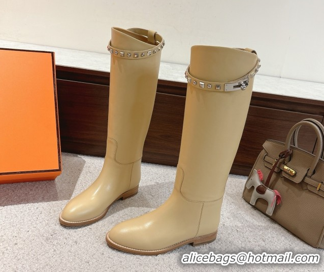 Top Grade Hermes Jumping High Flat Boots in Calfskin Leather with Studded Kelly Buckle Strap Yellow 1220020 2026