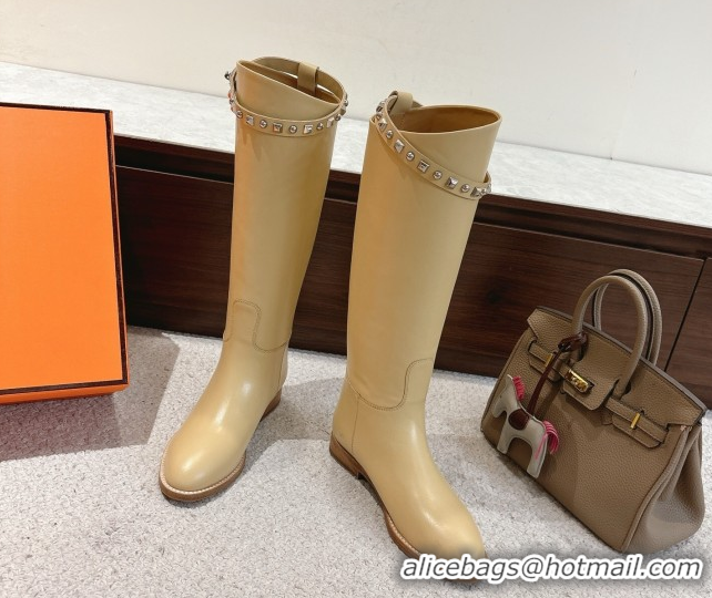 Top Grade Hermes Jumping High Flat Boots in Calfskin Leather with Studded Kelly Buckle Strap Yellow 1220020 2026