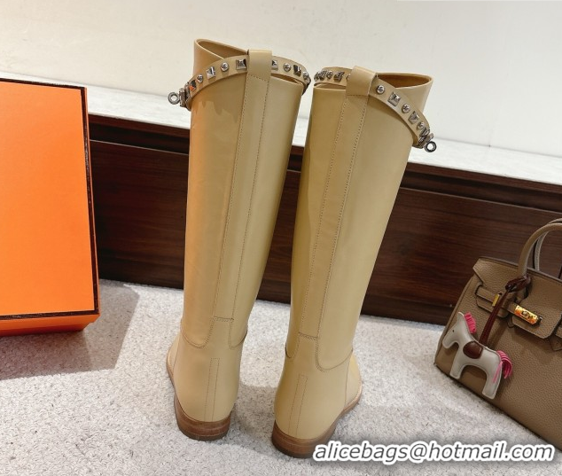 Top Grade Hermes Jumping High Flat Boots in Calfskin Leather with Studded Kelly Buckle Strap Yellow 1220020 2026