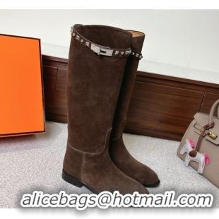 Grade Quality Hermes Jumping High Flat Boots in Suede with Studded Kelly Buckle Strap Dark Brown 1220021 2026