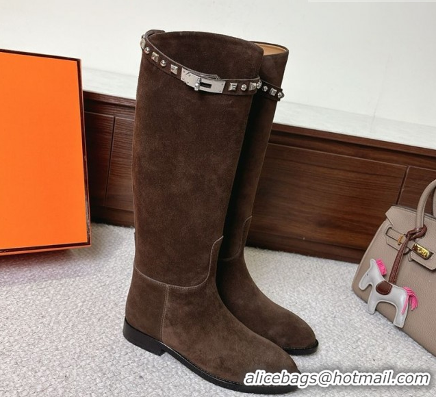 Grade Quality Hermes Jumping High Flat Boots in Suede with Studded Kelly Buckle Strap Dark Brown 1220021 2026