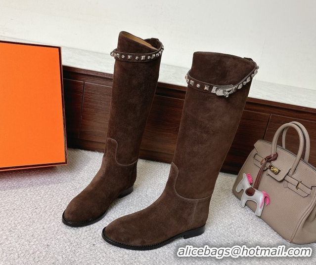 Grade Quality Hermes Jumping High Flat Boots in Suede with Studded Kelly Buckle Strap Dark Brown 1220021 2026