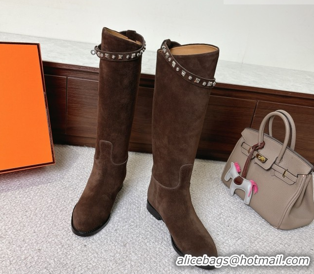 Grade Quality Hermes Jumping High Flat Boots in Suede with Studded Kelly Buckle Strap Dark Brown 1220021 2026