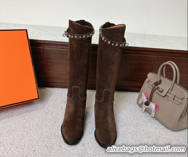 Grade Quality Hermes Jumping High Flat Boots in Suede with Studded Kelly Buckle Strap Dark Brown 1220021 2026