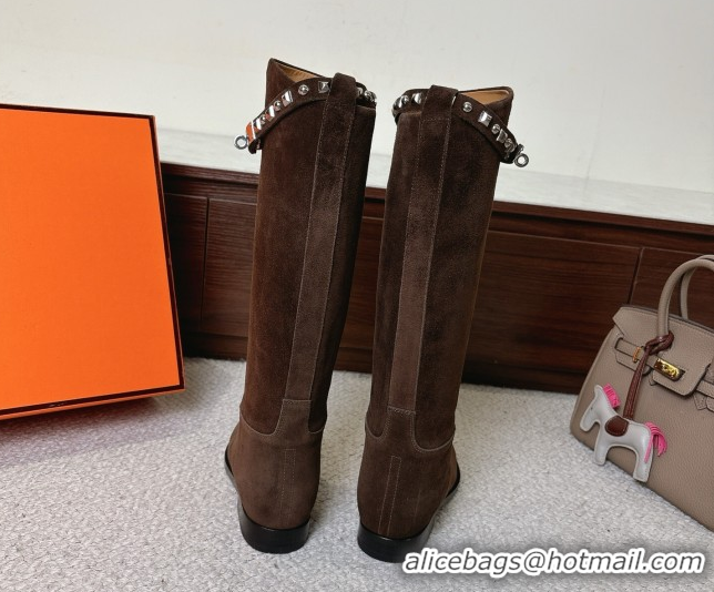 Grade Quality Hermes Jumping High Flat Boots in Suede with Studded Kelly Buckle Strap Dark Brown 1220021 2026