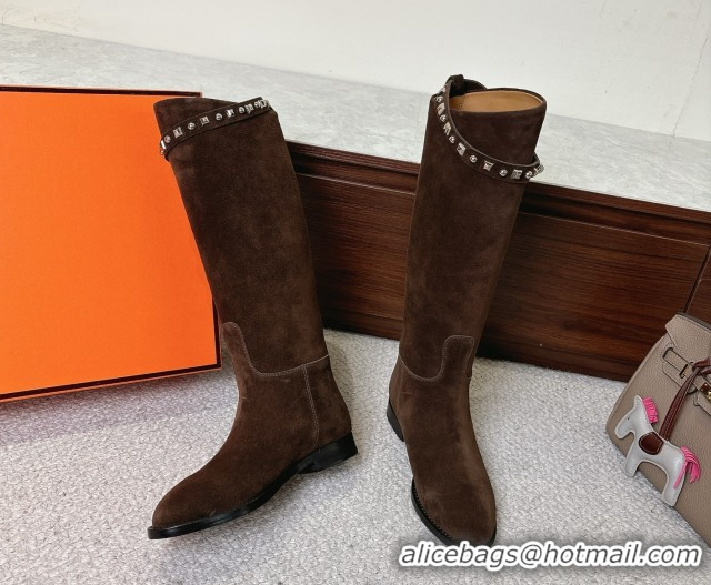 Grade Quality Hermes Jumping High Flat Boots in Suede with Studded Kelly Buckle Strap Dark Brown 1220021 2026
