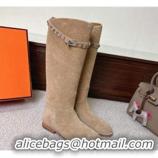 Good Looking Hermes Jumping High Flat Boots in Suede with Studded Kelly Buckle Strap Beige 1220022 2026